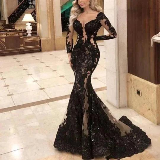 modest black prom dresses long sleeve lace appliqué elegant evening gown formal dresses S11019 by simplepromdress