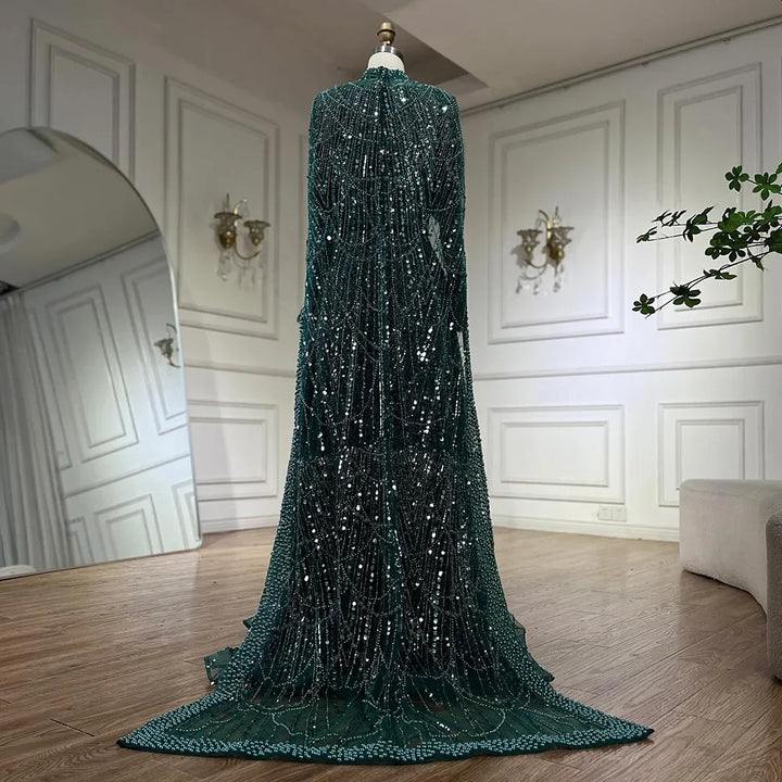 Serene Hill Customized Green Long Sleeve A-Line Evening Dresses with Cape Muslim Wedding Party Gowns For Women LA72032B