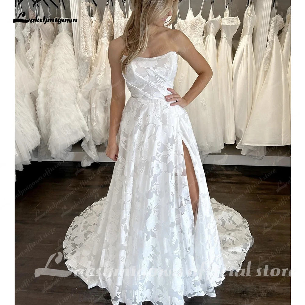 ZapDress Lace Wedding Dress for Women Side Slit A-line Bride Wedding Gowns Vestidos De Novia Customized