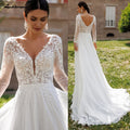 ZapDress Lace V-Neck Chiffon Wedding Dress for Women A-Line Sweep Train Backless Vestidos De Novia  Customized