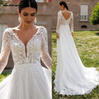 ZapDress Lace V-Neck Chiffon Wedding Dress for Women A-Line Sweep Train Backless Vestidos De Novia  Customized