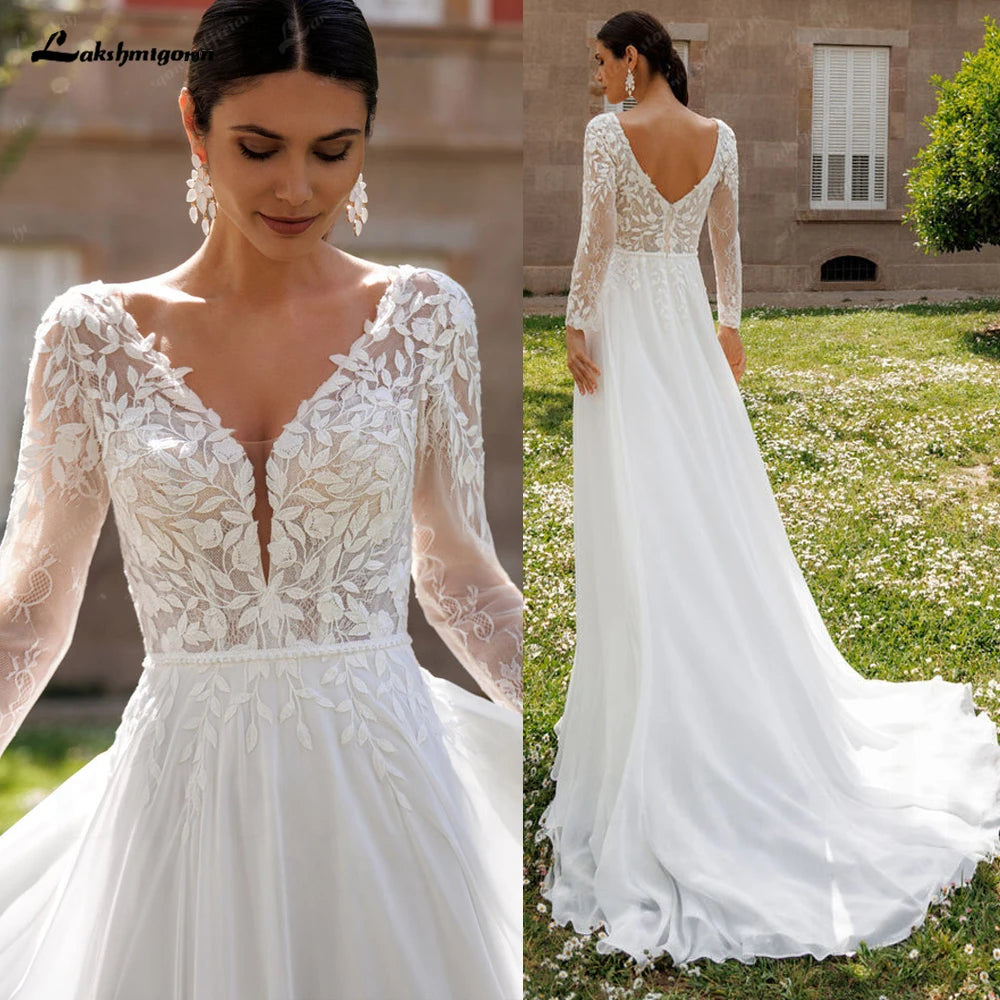 ZapDress Lace V-Neck Chiffon Wedding Dress for Women A-Line Sweep Train Backless Vestidos De Novia  Customized