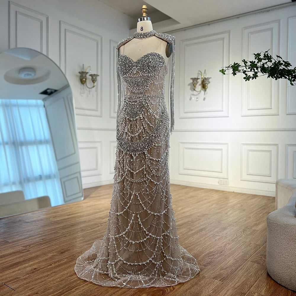 Zapdress Nude Strapless Mermaid Pearls Beaded Evening Gowns Luxury Party Dress with Tassel DLA72876 Customized (ZD17335)