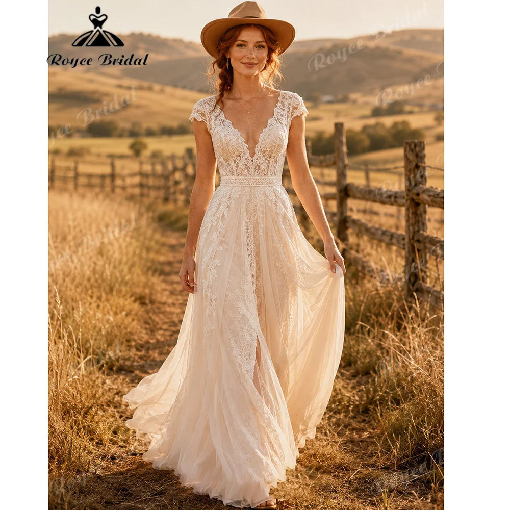 Deep V Cap Sleeve A Line Tulle Wedding Dress Floral Lace Appliques Front Slit Corset Lace Up Back Boho Bridal Gown Customized