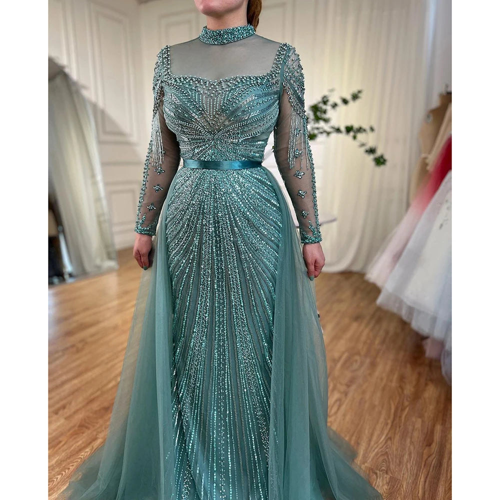 Zapdress Customized Nude Long Sleeves Beaded Mermaid Dubai Evening Dresses 2025 Muslim Party Gowns for Veiled Women (ZD17327)