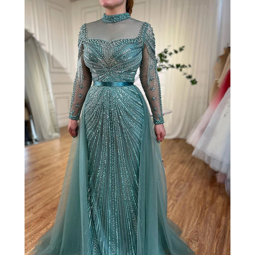 Zapdress Customized Nude Long Sleeves Beaded Mermaid Dubai Evening Dresses 2025 Muslim Party Gowns for Veiled Women (ZD17327)