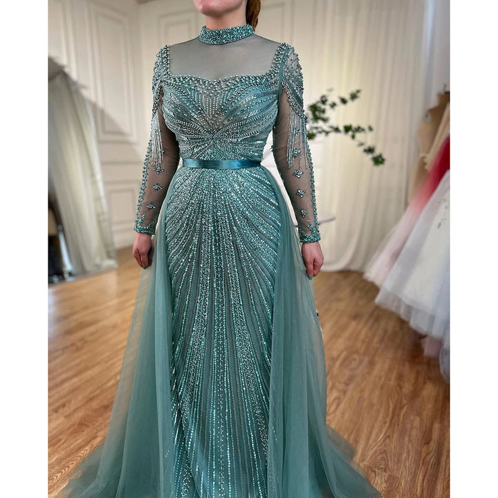 Serene Hill Customized Nude Long Sleeves Beaded Mermaid Dubai Evening Dresses 2025 Muslim Party Gowns for Veiled Women DLA71533