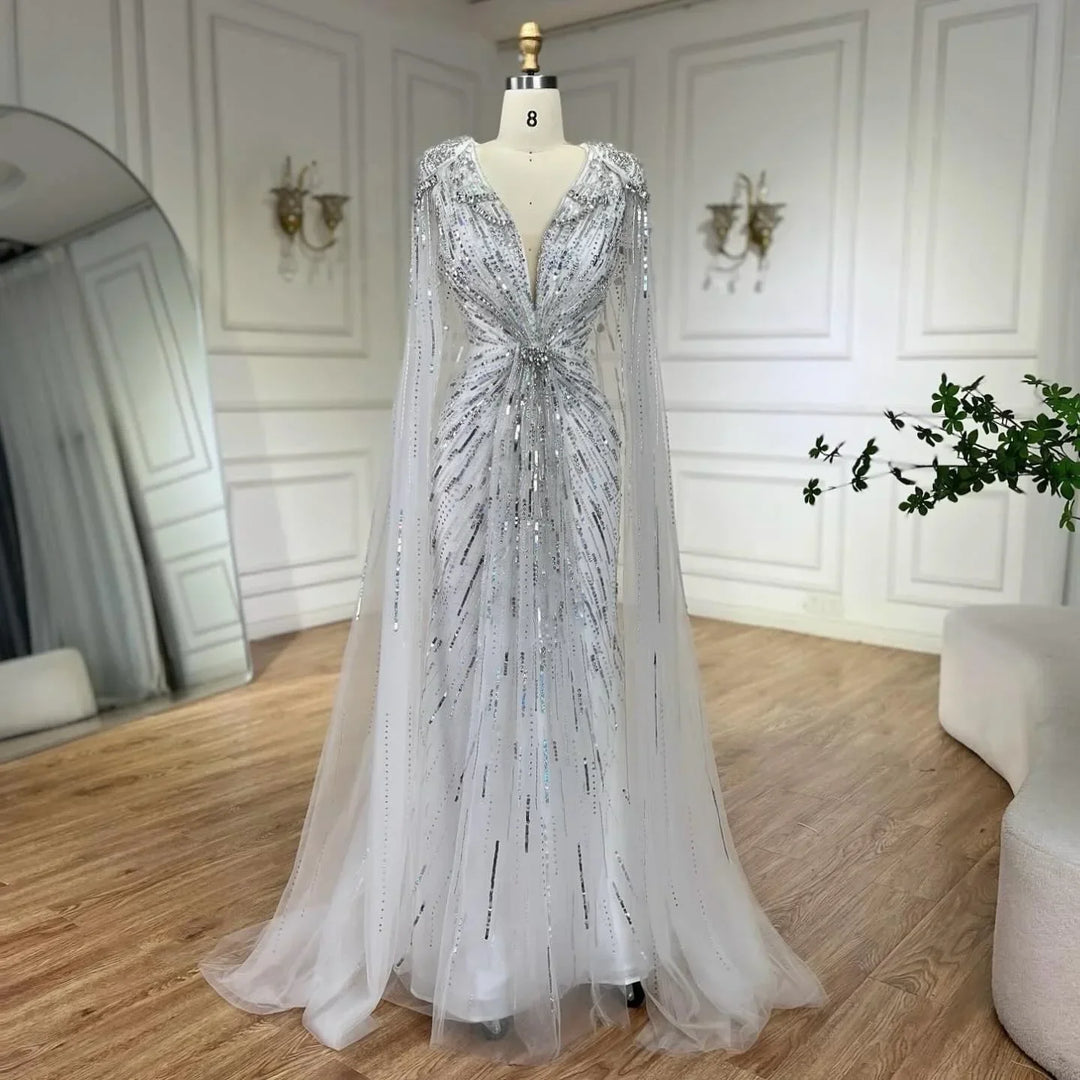 Serene Hill V-neck Turquoise Beaded Mermaid Evening Dress with Cape Plus Size Party Gowns for Women DLA72168A Customized