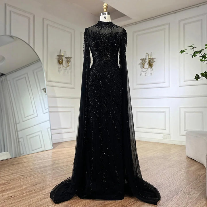 Serene Hill Customized Caramel Mermaid Beaded Cape Sleeves Evening Dresses 2024 Dubai Party Gowns for Women Wedding DLA71885A