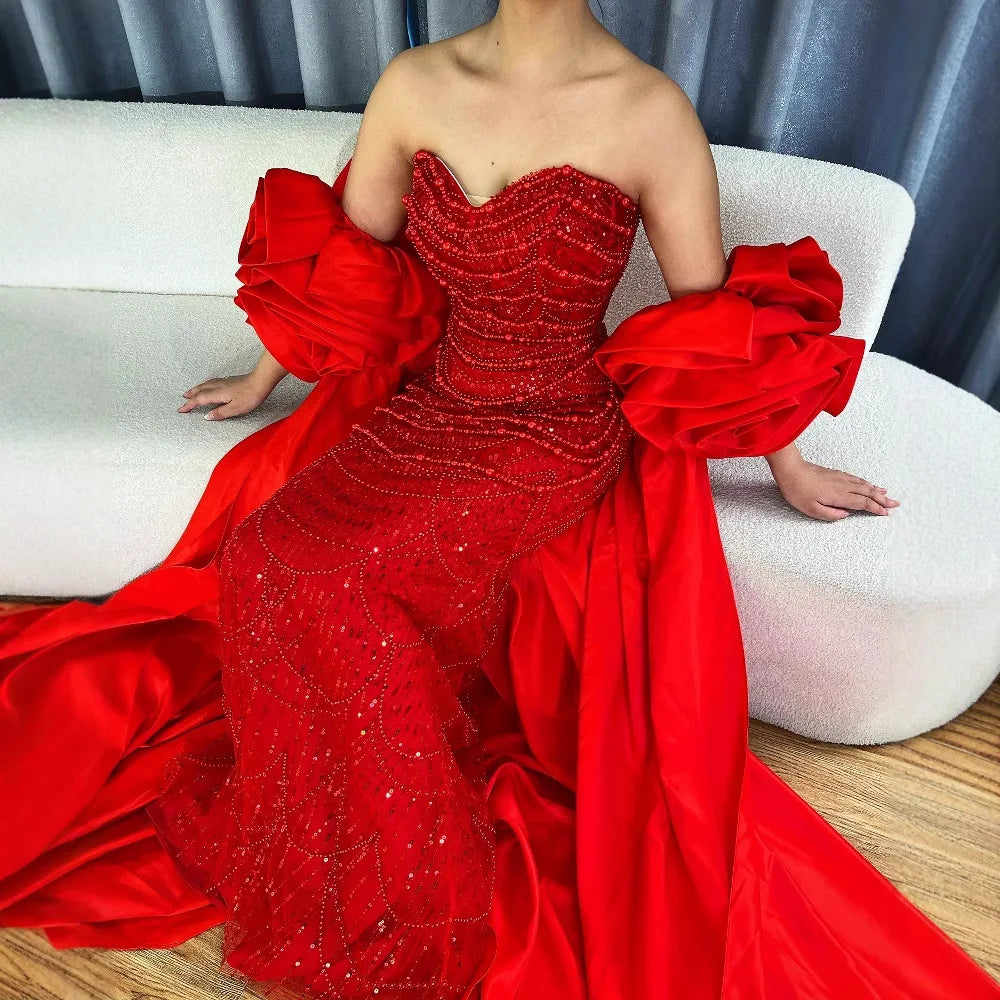 Zapdress Red Strapless Mermaid Pearls Beaded Evening Dresses with Long Cape Wedding Party Gowns 2025 DLA72585A Customized (ZD17356)