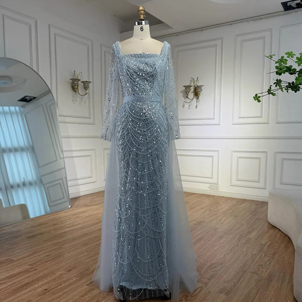 Zapdress Green Square Collar Long Sleeve Mermaid Pearls Beaded Evening Party Gown Overskirt Dress DLA72032N Customized (ZD17342)