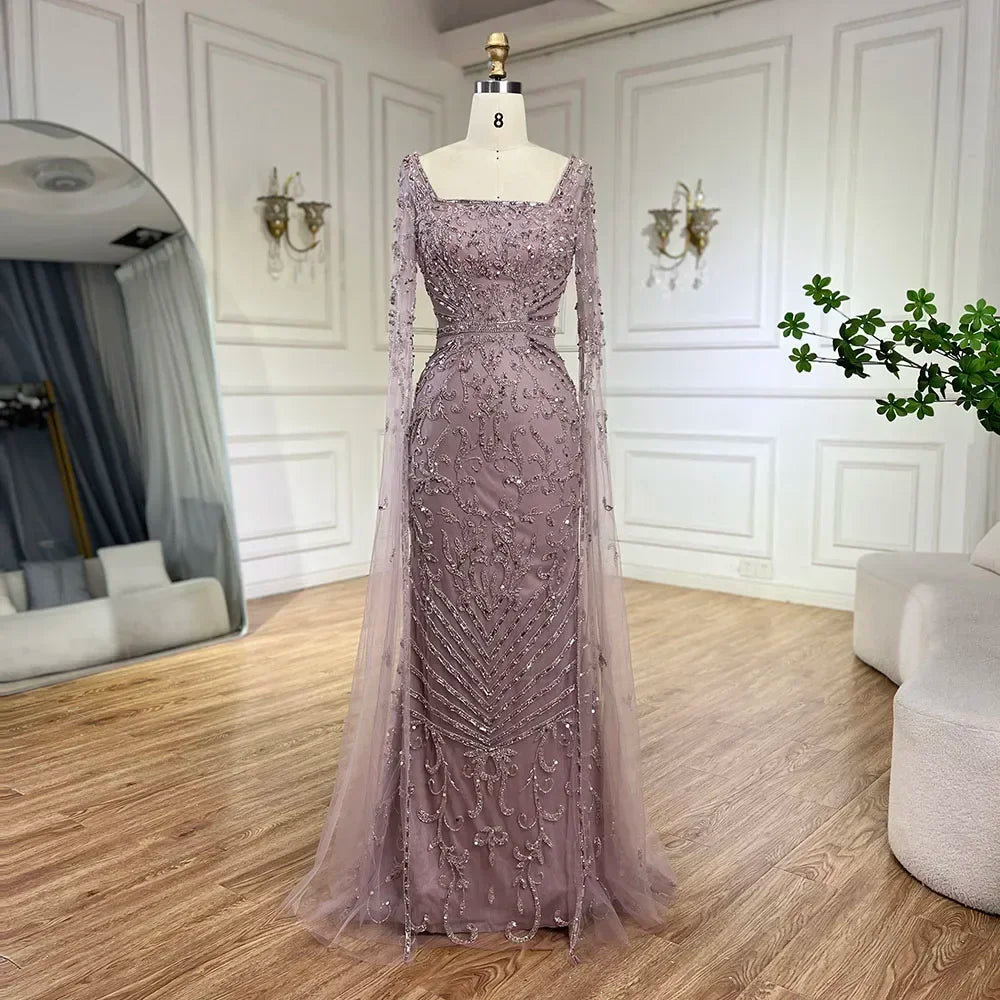 Serene Hill 2026 Dubai Pink Mermaid Long Evening Dress with Beaded Cape Gown for Wedding Occasion DLA72400A Customized