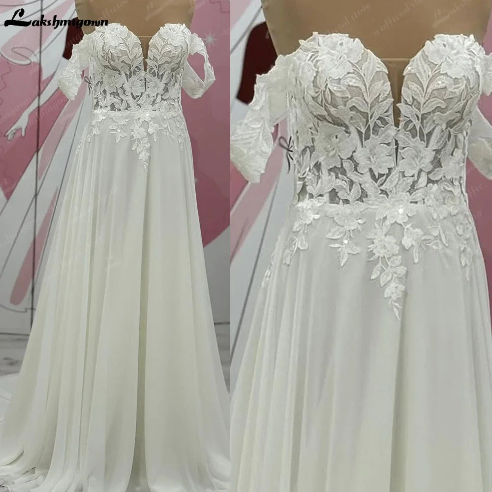 ZapDress Lace Chiffon Beach Off Shoulder Wedding Dress Cap Sleeve Wedding Party Gown Customized Robe Sirene Mariage