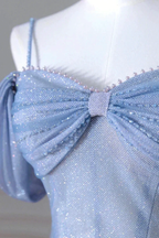 Sparkly light blue dress with beaded trim and large bow, ZAPDRESS fashion detail