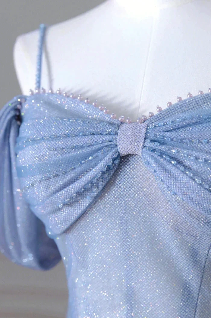 Sparkly light blue dress with beaded trim and large bow, ZAPDRESS fashion detail