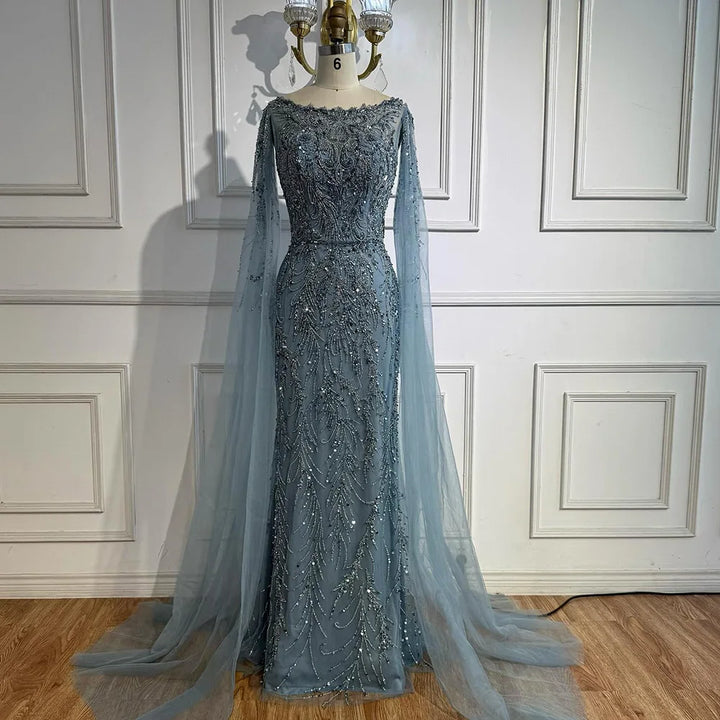 Serene Hill Customized Caramel O-Neck Mermaid Evening Dress with Cape Sleeve 2026 Wedding Party Gowns for Women DLA71804