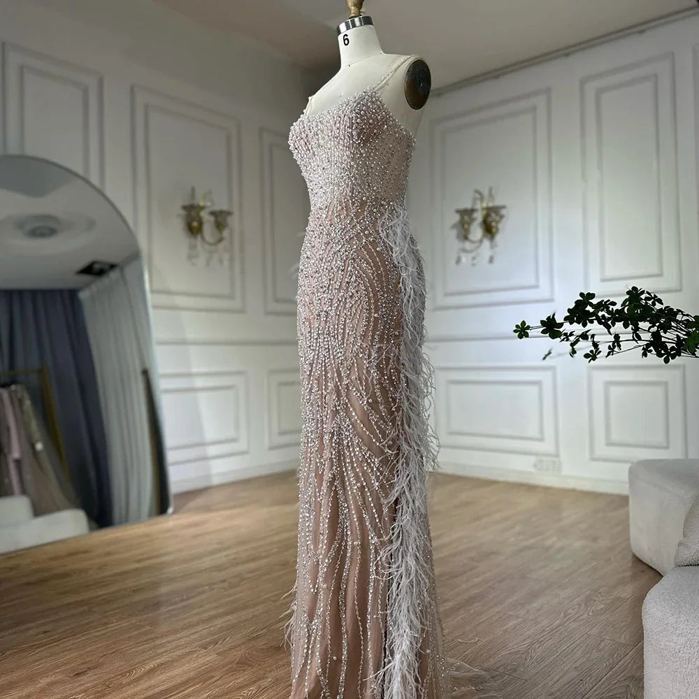 Zapdress White Nude Spaghetti Strap Feathers Beaded Mermaid Evening Dress Party Gown for Women DLA72823 Customized (ZD17377)