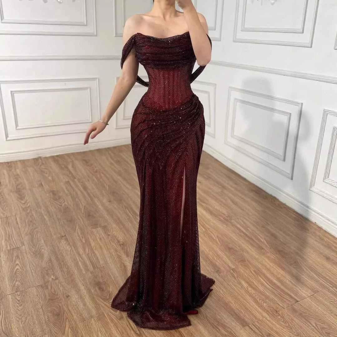 Serene Hill 2026 Silver Off Shoulder Mermaid Sparkle Evening Dress Elegant Wedding Party Gowns for Women Customized DLA73410