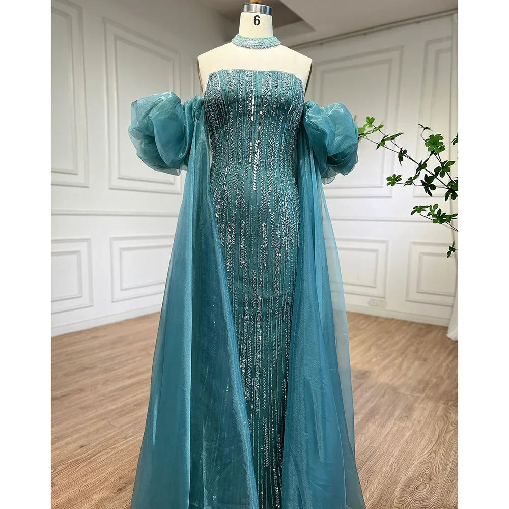 Zapdress Customized Blue Mermaid Puff Sleeves Beaded Evening Dresses Dubai Elegant Party Gowns For Women 2024 (ZD17343)