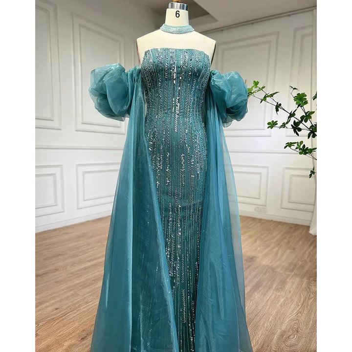 Serene Hill Customized Blue Mermaid Puff Sleeves Beaded Evening Dresses Dubai Elegant Party Gowns For Women 2024 DLA71823