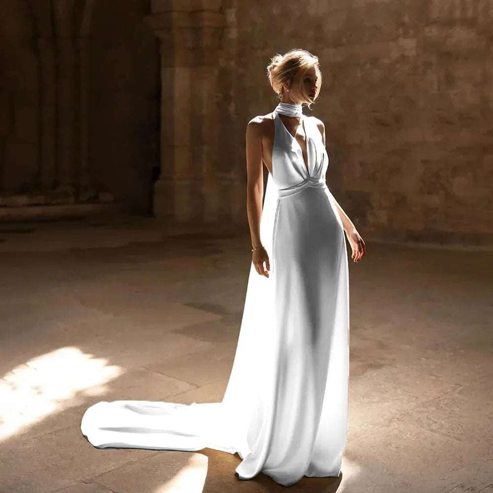 Halter Satin Sleeveless Deep V-neck Wedding Dress Sexy Mermaid Backless Wedding Gown with Court for Bridal Vestidos De Novia