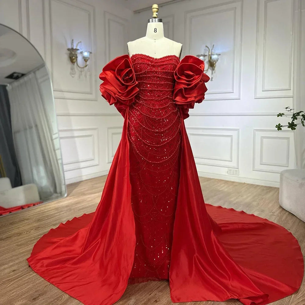 Zapdress Red Strapless Mermaid Pearls Beaded Evening Dresses with Long Cape Wedding Party Gowns 2025 DLA72585A Customized (ZD17356)
