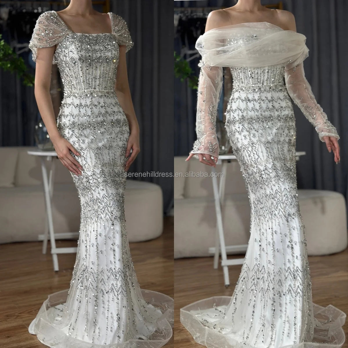 Zapdress Blue Mermaid Beaded Evening Dresses with Detachable Sleeves Elegant Party Gowns for Women DLA72714 Customized (ZD17361)