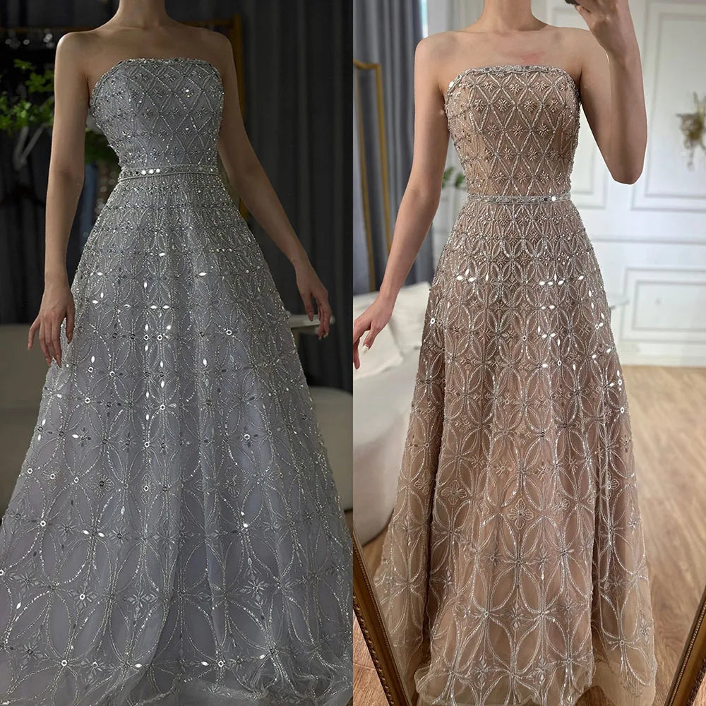Zapdress Customized 2026 Caramel Strapless A Line Beaded Evening Prom Dresses Elegant Party Gowns for Women (ZD17386)
