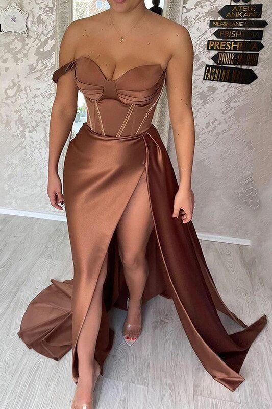 Chocolate Sweetheart Formal Evening Gowns Sexy Corset Prom Dresses,Side Split Satin Party Dress Y54 Hover Image
