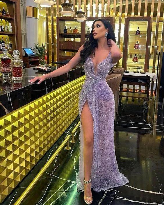 Plunge V Neck Sequins Long Evening Dress Sexy Prom Dress Y47 by simplepromdress
