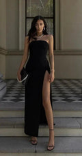 Simple Black Elastic Satin Evening Dress Strapless High Side Slit Sexy Formal Party Dresses Ankle Length Occasion Gown Y51 by simplepromdress