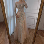 Zapdress Nude Mermaid Long Sleeve Evening Dress with Overskirt Luxury Beaded Wedding Party Gown for Women Customized (ZD17389)