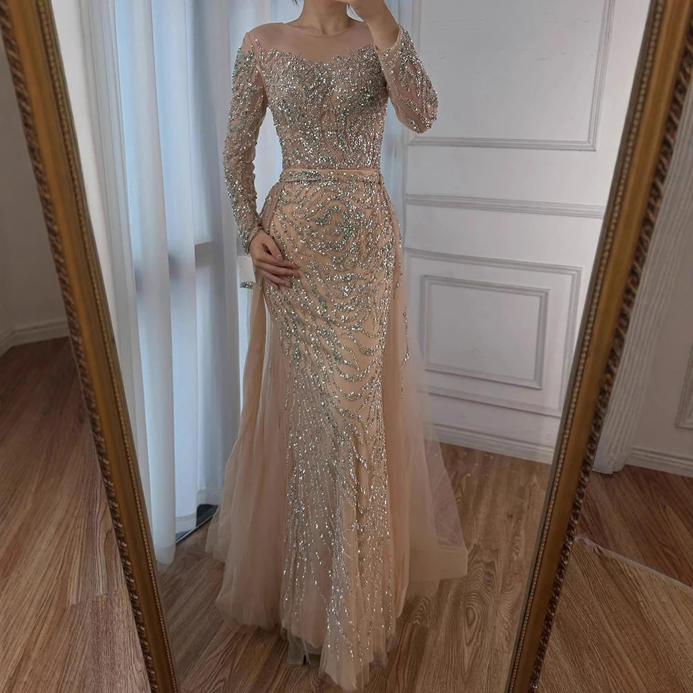 Zapdress Nude Mermaid Long Sleeve Evening Dress with Overskirt Luxury Beaded Wedding Party Gown for Women Customized (ZD17389)