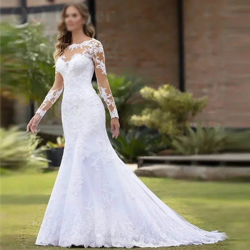 Sexy Illusion Mermaid Wedding Dresses Lace Appliques Robe De Mariée Wedding Bride Gowns Court Train Backless Vestido De Noiva by payinti