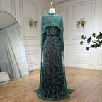 Serene Hill Customized Muslim Hijab Sage Green Long Sleeves Evening Dresses with Cape Dubai 2024 Party Gowns For Women LA72032M