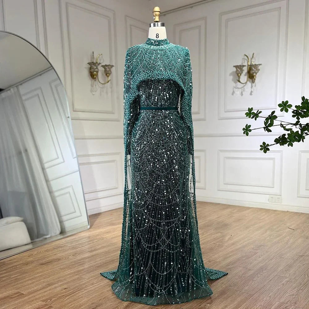 Serene Hill Customized Muslim Hijab Sage Green Long Sleeves Evening Dresses with Cape Dubai 2024 Party Gowns For Women LA72032M