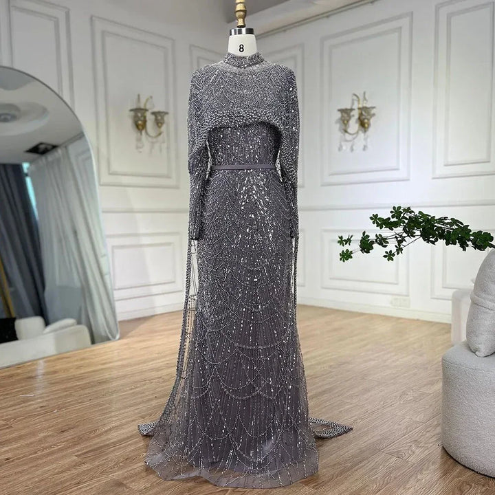 Serene Hill Customized Muslim Hijab Sage Green Long Sleeves Evening Dresses with Cape Dubai 2024 Party Gowns For Women LA72032M
