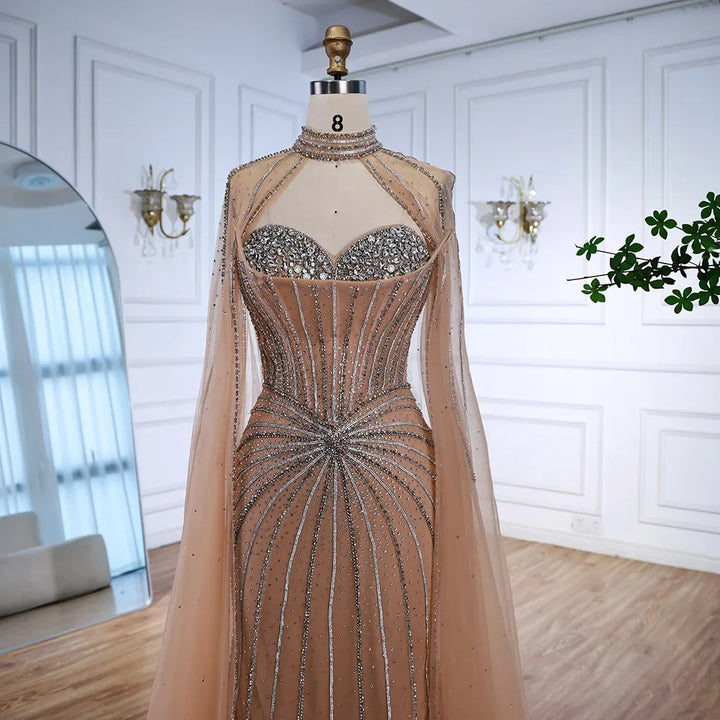 Luxury Nude Elegant Evening Gown Beaded Dress with Cape Sleeves for Formal Party Wear Zapdress DLA72811A Customized