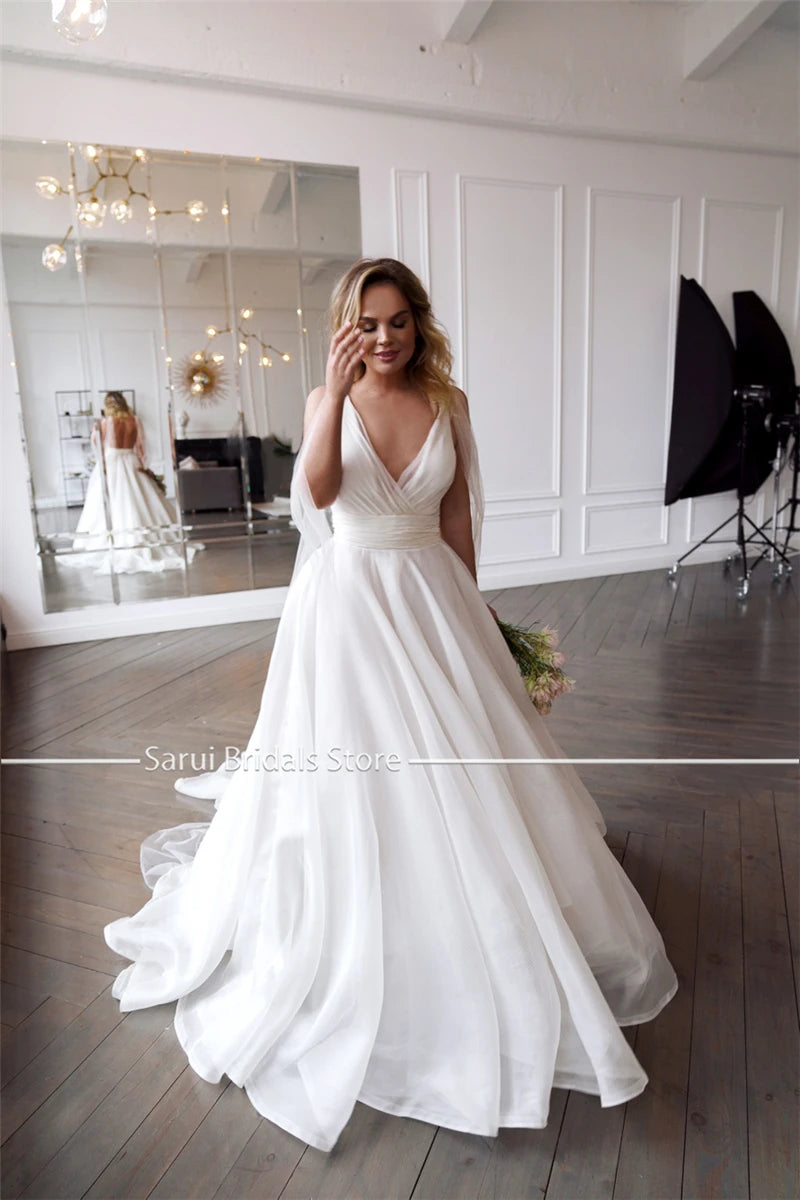 Customized Classic Deep V-neck Organza and Tulle Plus Size Wedding Dress Sexy Backless Court Bridal Gowns