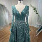 Zapdress Customized Turquoise Muslim Long Sleeve A Line V-Neck Evening Dresses Beaded Party Gowns For Women 2025 (ZD17333)