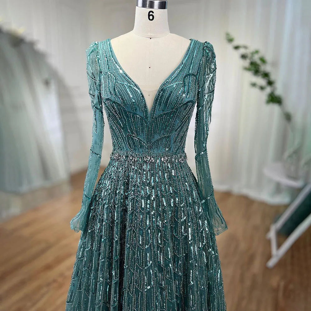 Zapdress Customized Turquoise Muslim Long Sleeve A Line V-Neck Evening Dresses Beaded Party Gowns For Women 2025 (ZD17333)