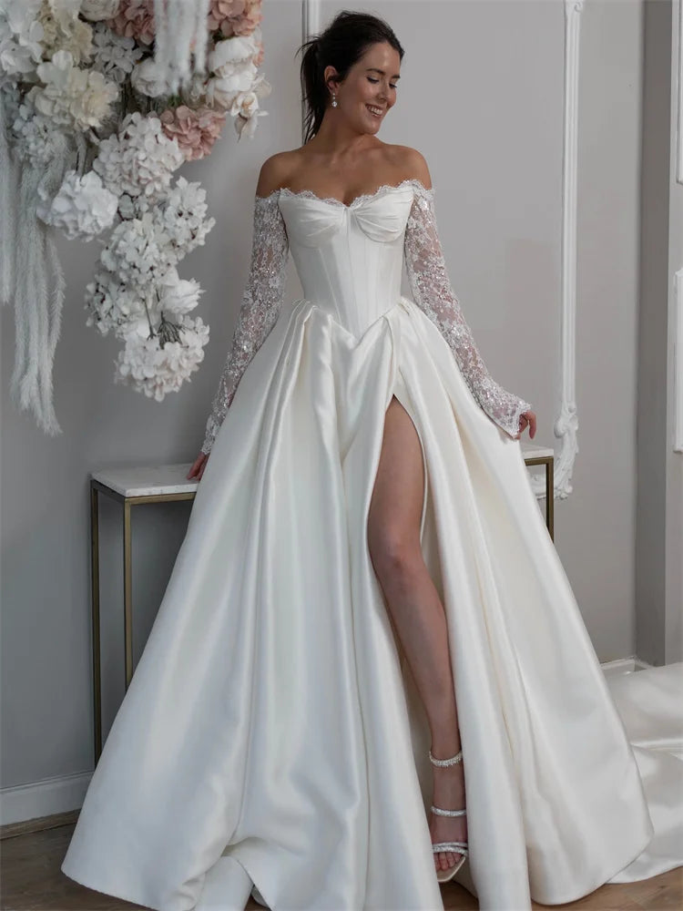 Customized Off Shoulder Long Appliques Sleeves Satin A-Line Wedding Elegant Lace-up Back Floor Length Side Slit Gown For Bride