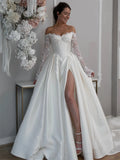 Customized Off Shoulder Long Appliques Sleeves Satin A-Line Wedding Elegant Lace-up Back Floor Length Side Slit Gown For Bride