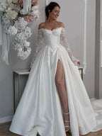 Customized Off Shoulder Long Appliques Sleeves Satin A-Line Wedding Elegant Lace-up Back Floor Length Side Slit Gown For Bride