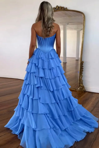 Vestido de fiesta Cathy sin tirantes, con volantes escalonados, corte A, corte A, abertura lateral, de gasa, personalizado, con cremallera en la espalda 