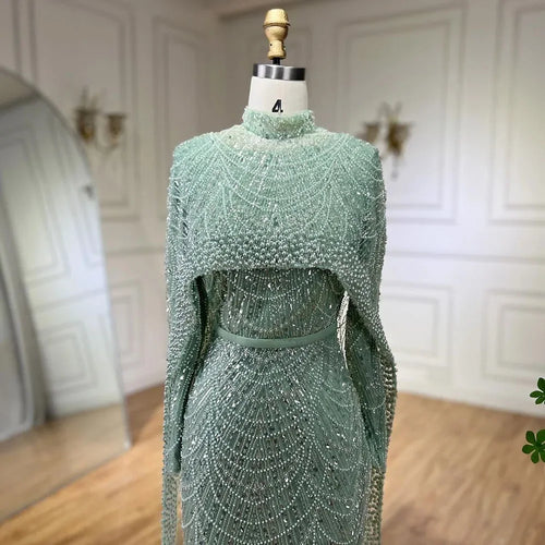 Zapdress Customized Muslim Hijab Sage Green Long Sleeves Evening Dresses with Cape Dubai 2024 Party Gowns For Women LA72032M (ZD17199)