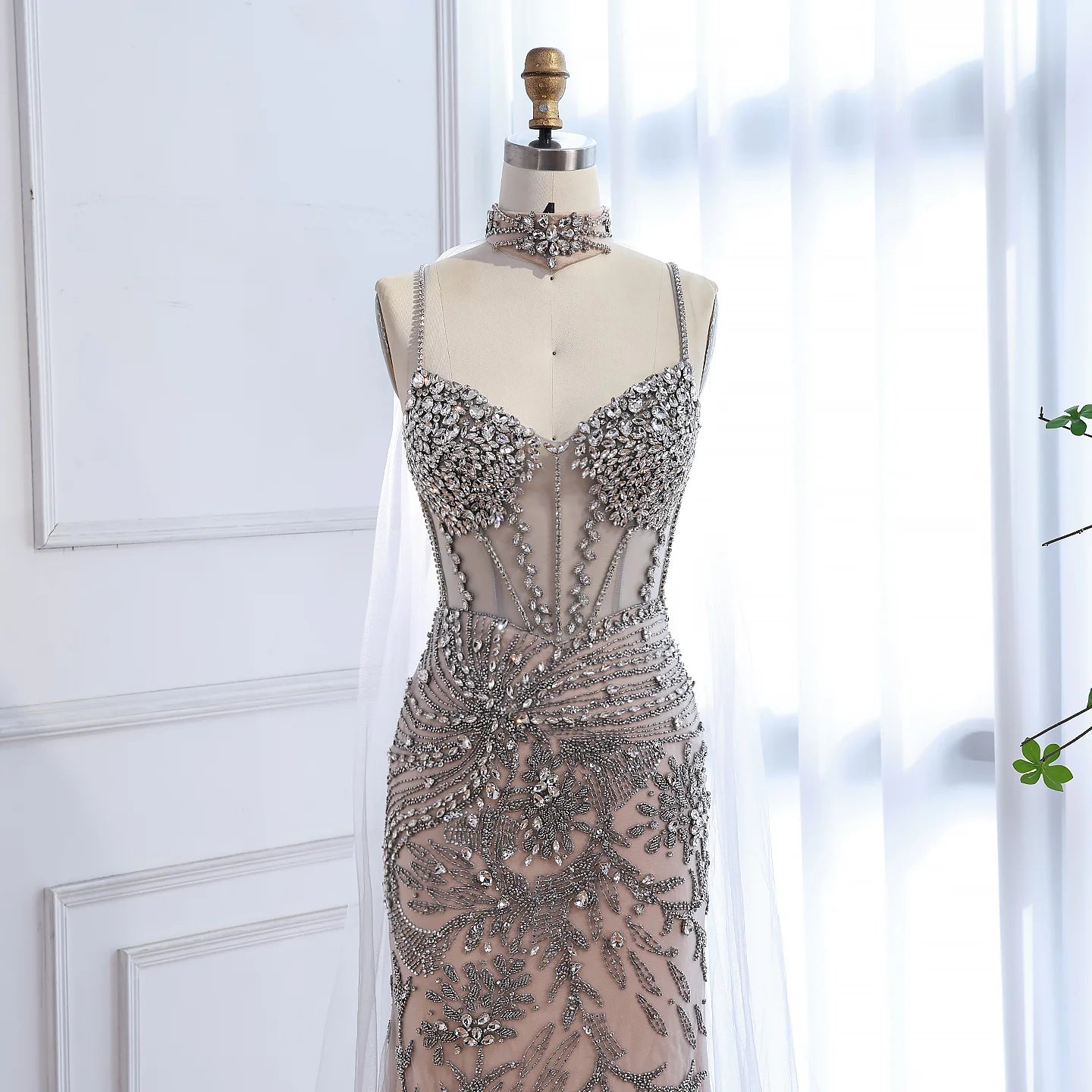 Zapdress Silver Nude Mermaid Beaded Evening Dress with Cape DLA73342 Wedding Party Gowns for Women 2026 Customized (ZD17344)