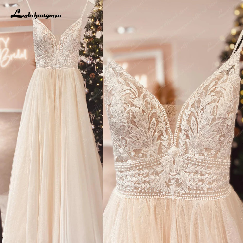 ZapDress Spaghetti Straps Champagne Boho Wedding Dress For Women Vestido Civil Bridal Customized Wedding Gowns Suknie Slubne
