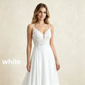 Women's Spaghetti Straps Deep V Backless Wedding Dresses Lace Appliques Chiffon Bridal Gown with Train Elegant Boho Bride Dress