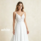 Women's Spaghetti Straps Deep V Backless Wedding Dresses Lace Appliques Chiffon Bridal Gown with Train Elegant Boho Bride Dress